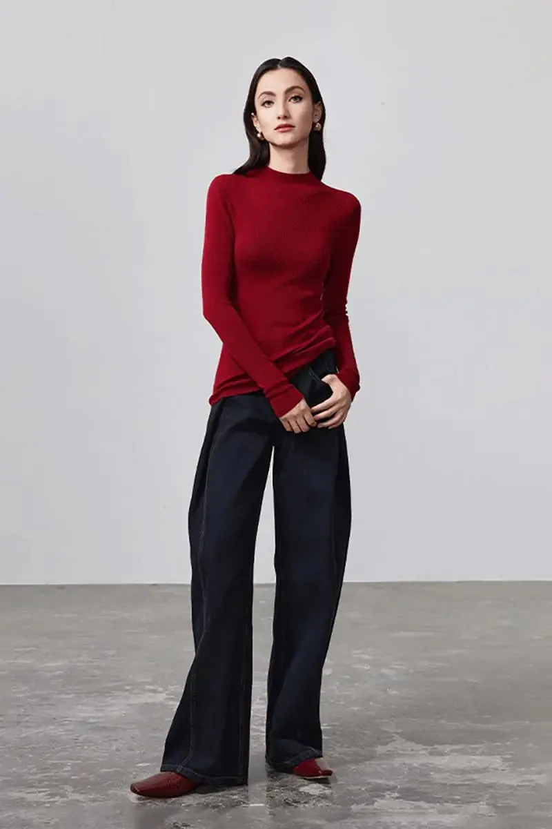 100 Merino Wool Seamless Knit Mock Neck Sweater