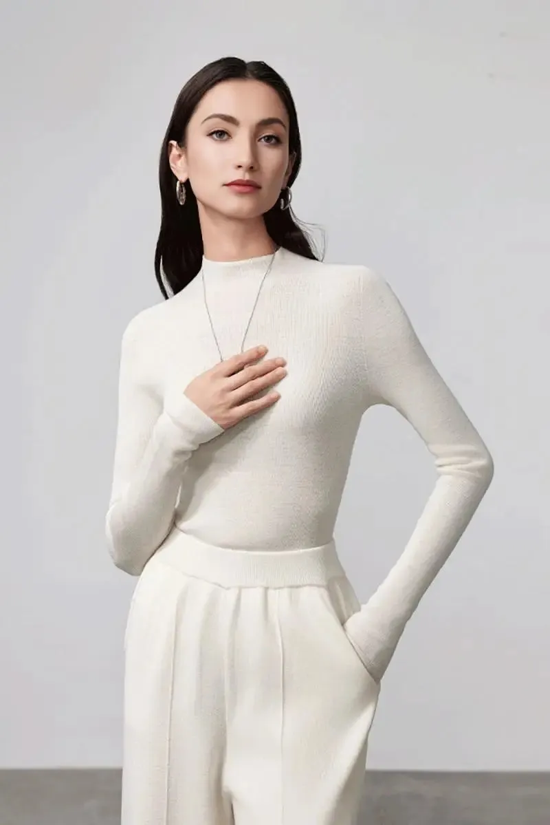 100 Merino Wool Seamless Knit Mock Neck Sweater