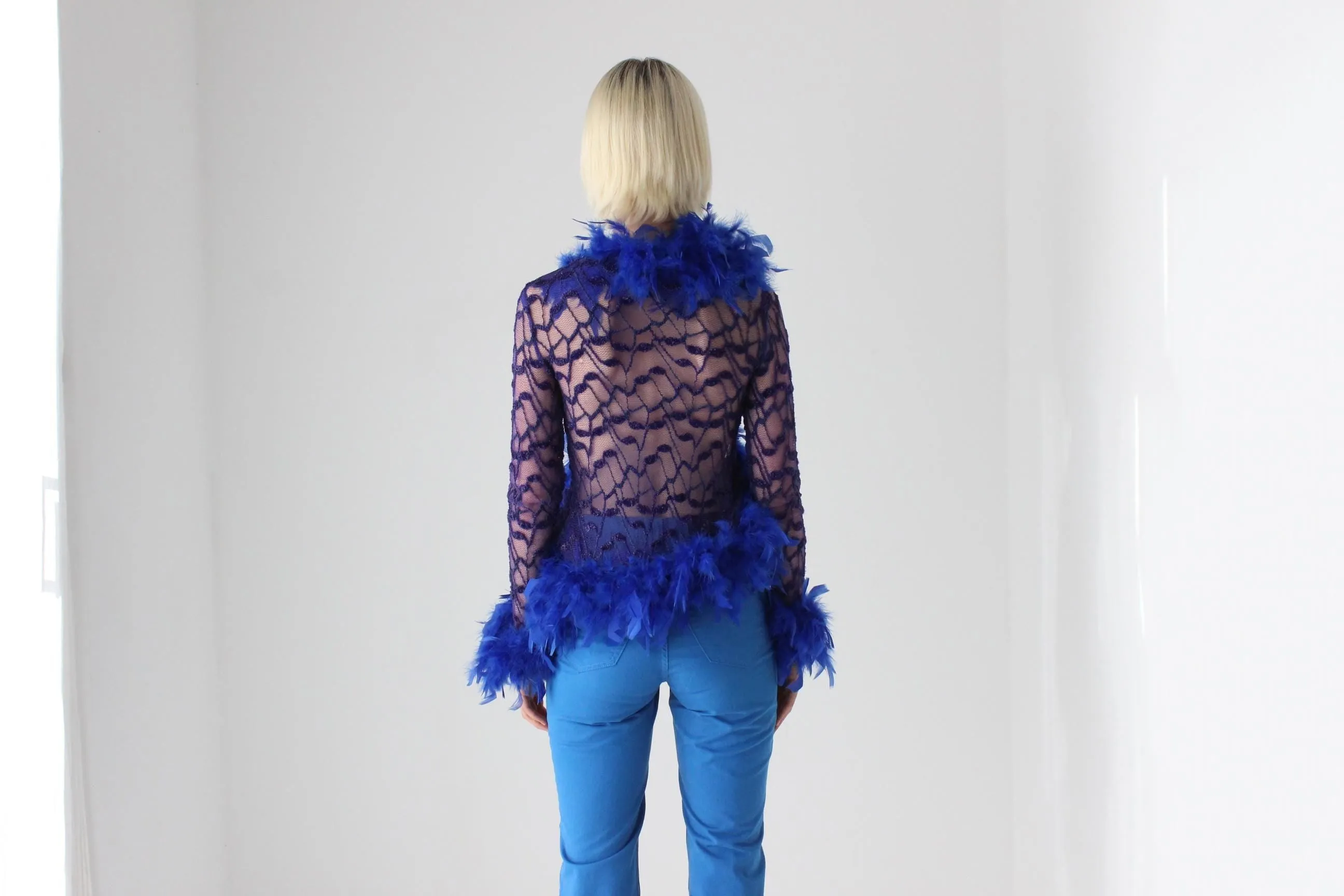 90s Cobalt Blue Lace & Feather Jacket Top