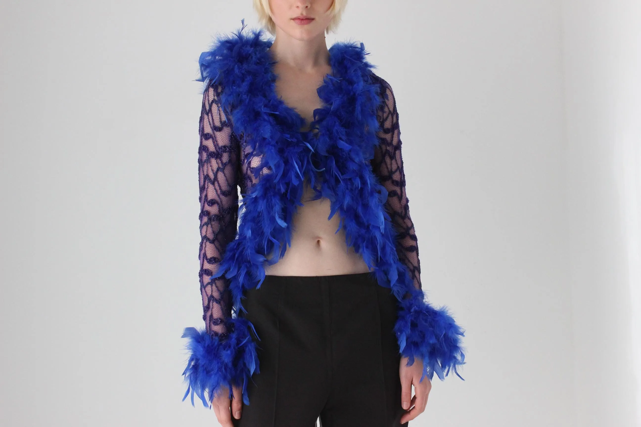 90s Cobalt Blue Lace & Feather Jacket Top