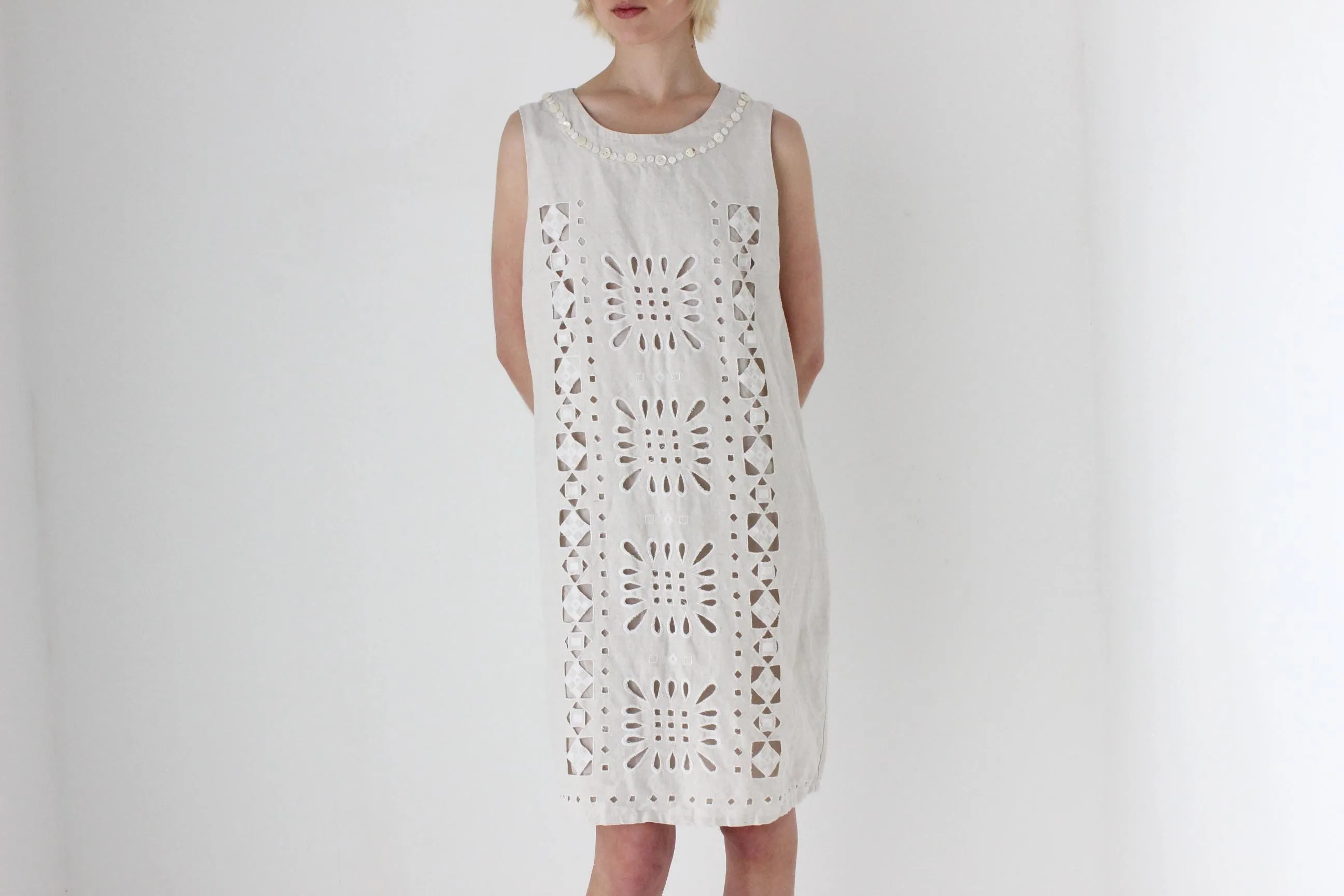 90s Italian Linen Cutwork Smock w/ Button Detailing