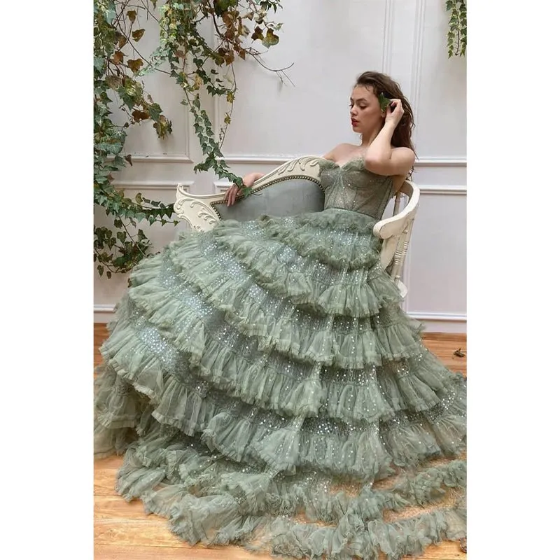 A-line Sweetheart Tulle Tiered Long Senior Formal Evening Gowns Prom Dress