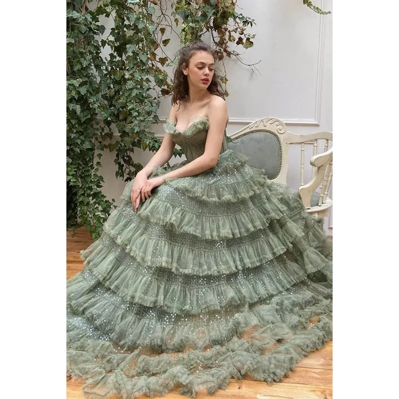A-line Sweetheart Tulle Tiered Long Senior Formal Evening Gowns Prom Dress