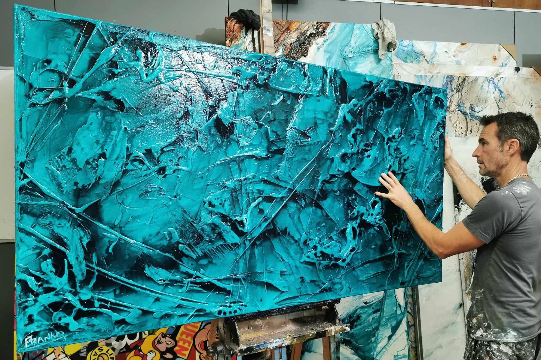 Aquatic Resonance 190cm x 100cm Teal Ink Textured Abstract Painting (SOLD)