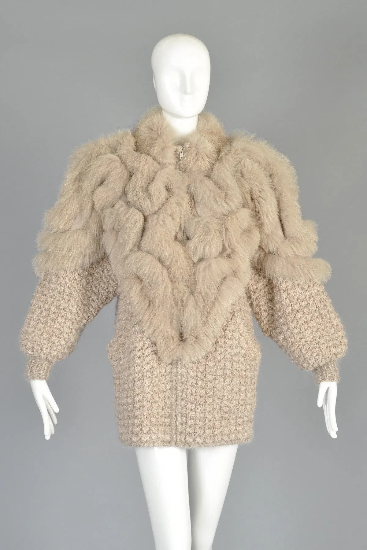Avant Garde 80s Knit Cocoon Coat w/Fox Fur Shoulders