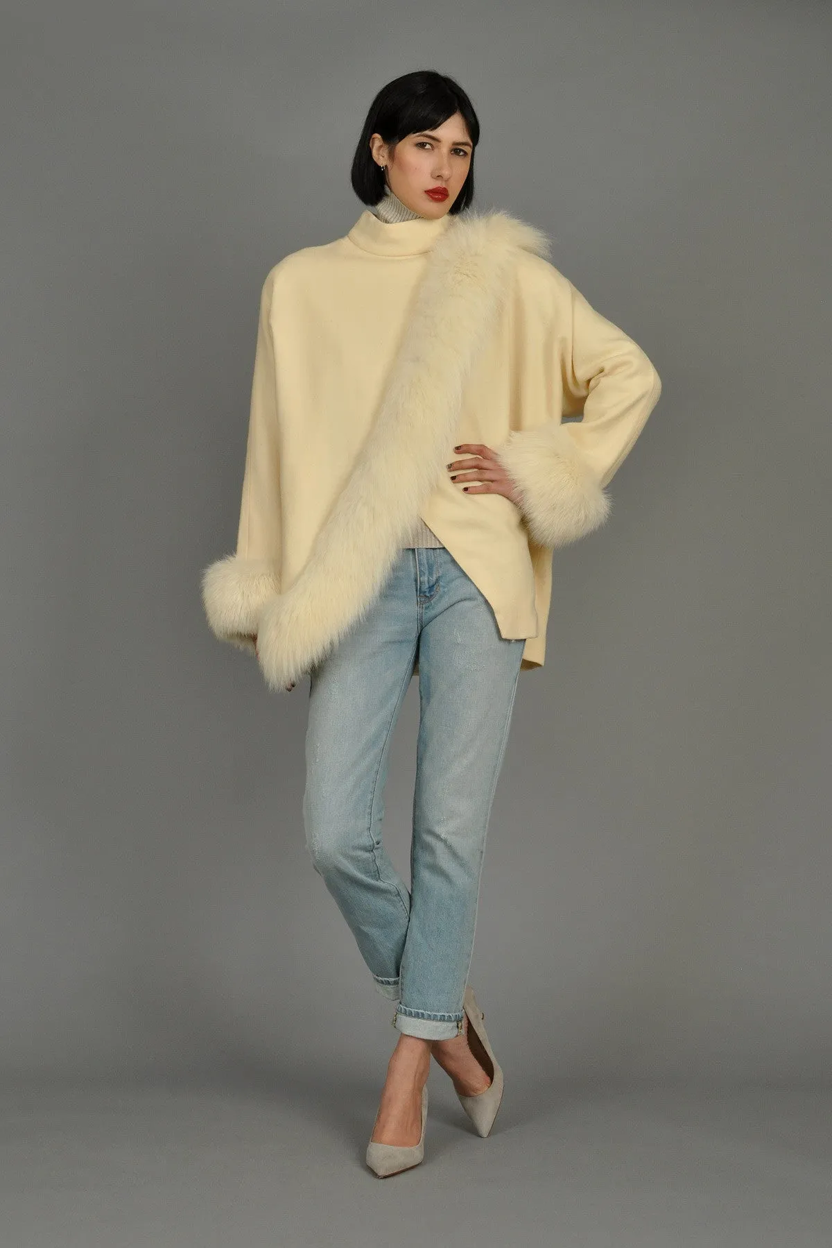 Avant Garde Ivory Wool Draped Coat with Fox Trim