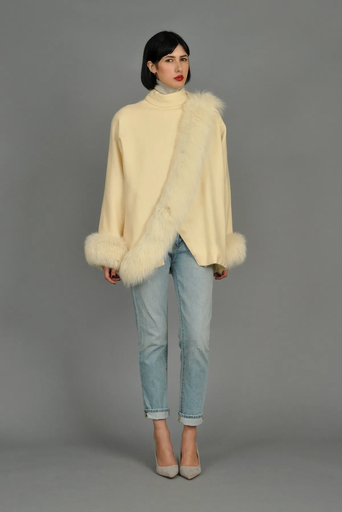 Avant Garde Ivory Wool Draped Coat with Fox Trim