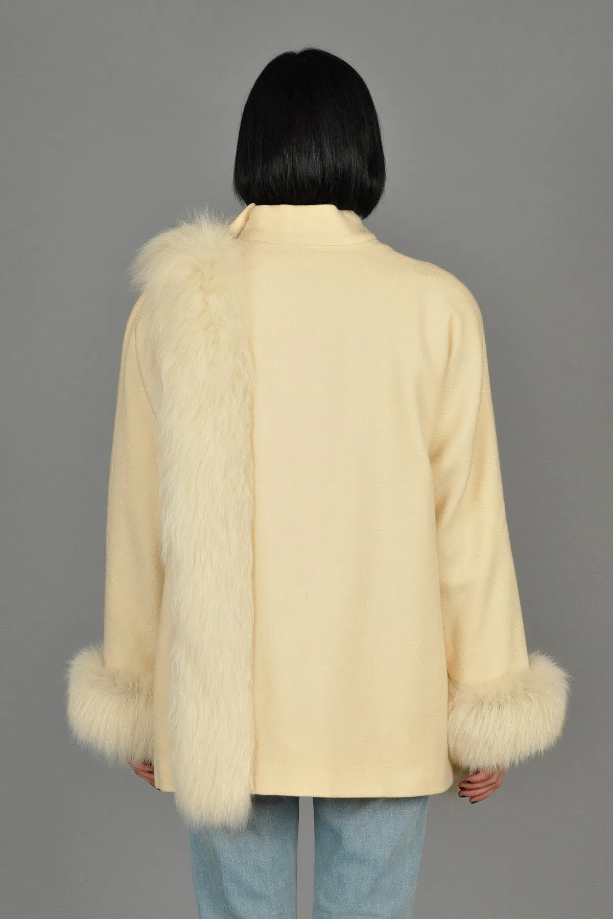 Avant Garde Ivory Wool Draped Coat with Fox Trim