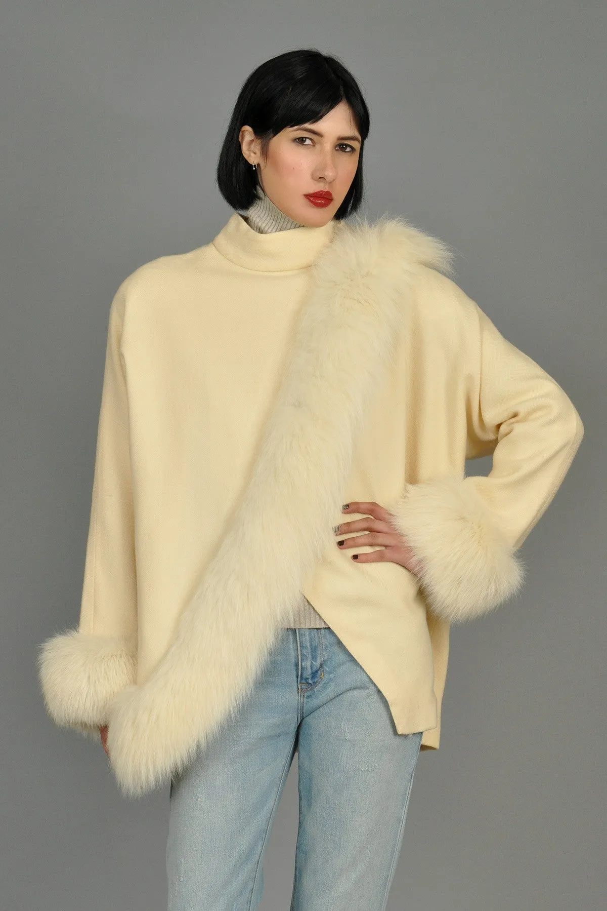 Avant Garde Ivory Wool Draped Coat with Fox Trim