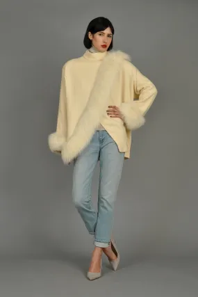 Avant Garde Ivory Wool Draped Coat with Fox Trim