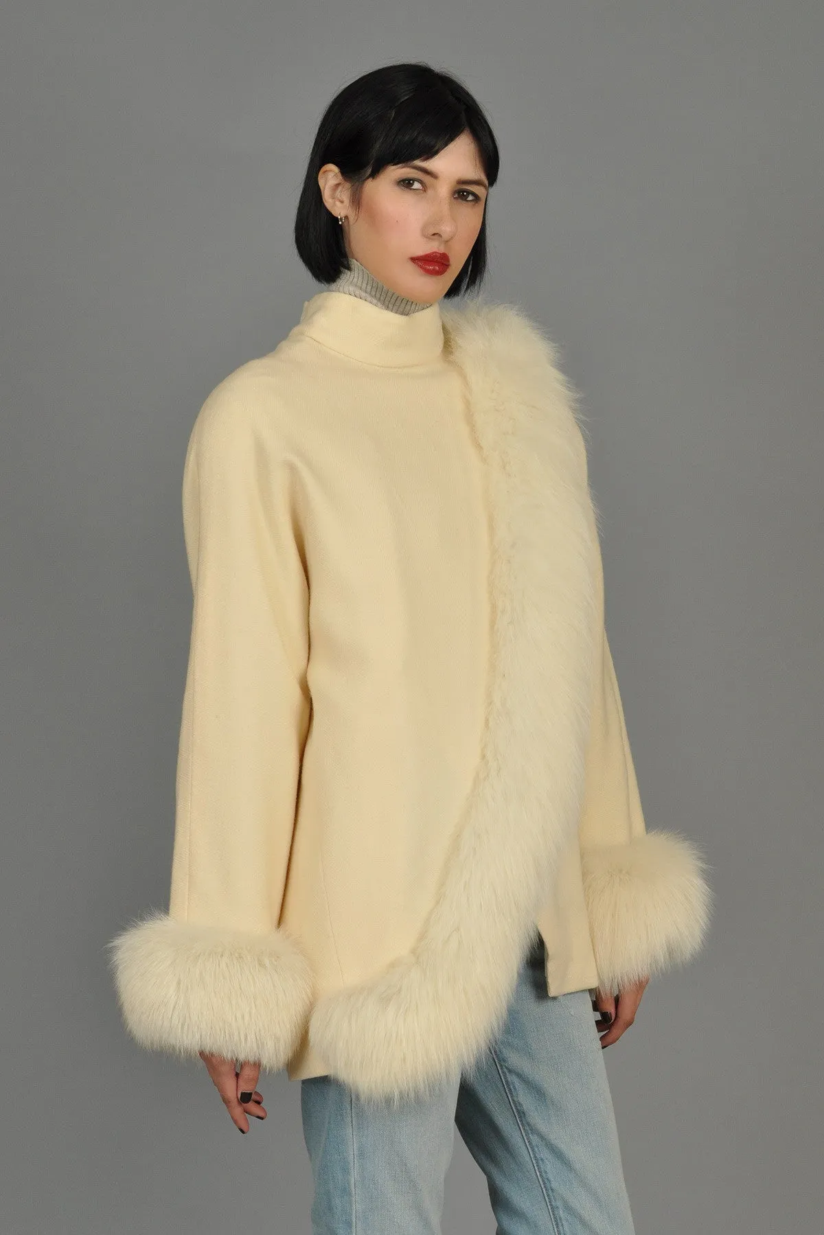 Avant Garde Ivory Wool Draped Coat with Fox Trim