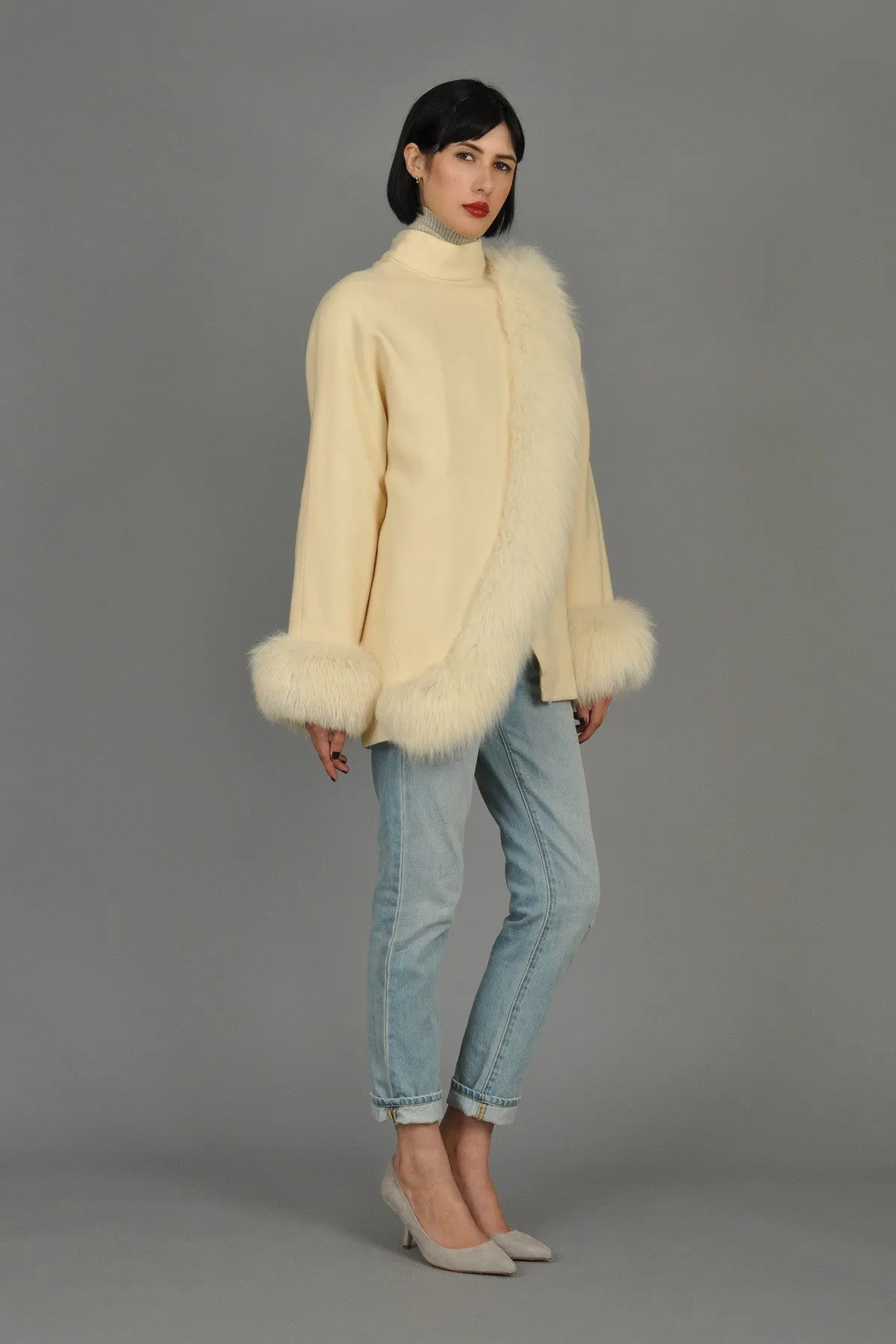 Avant Garde Ivory Wool Draped Coat with Fox Trim