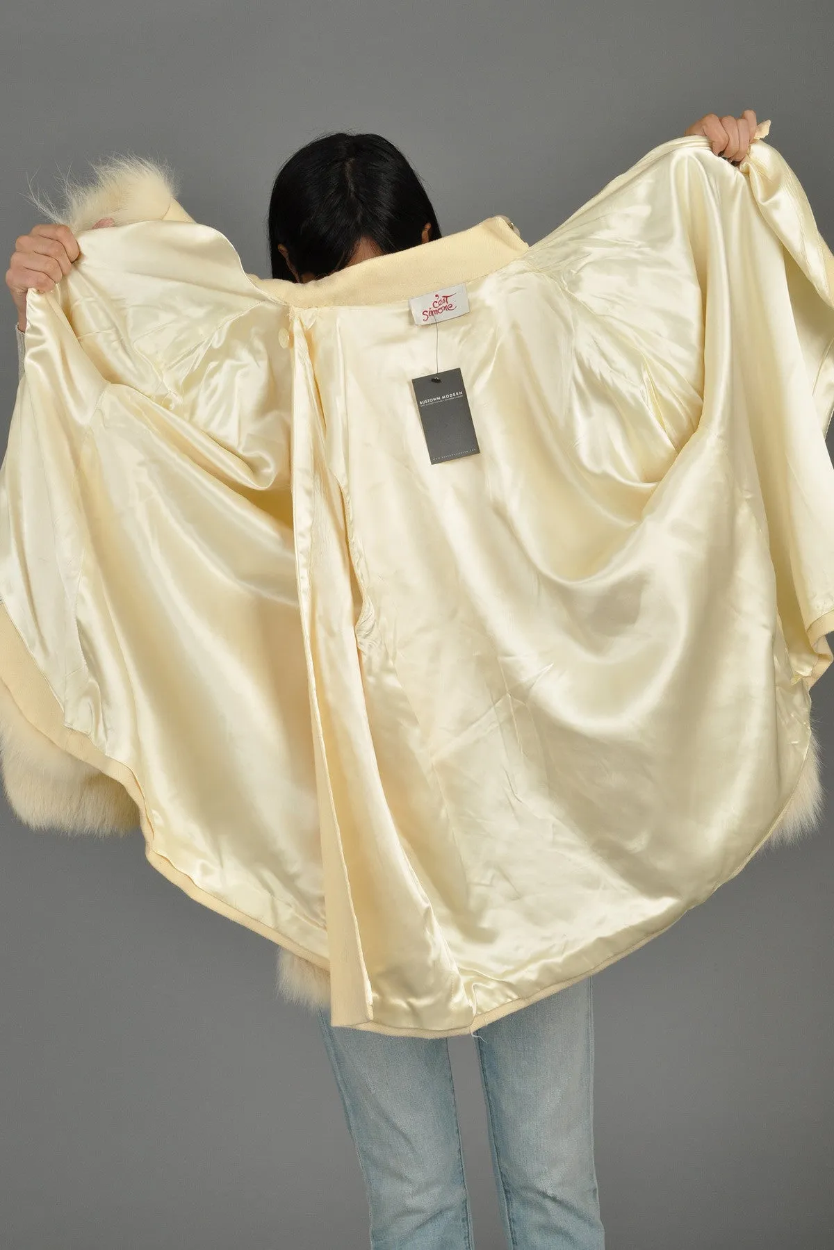 Avant Garde Ivory Wool Draped Coat with Fox Trim