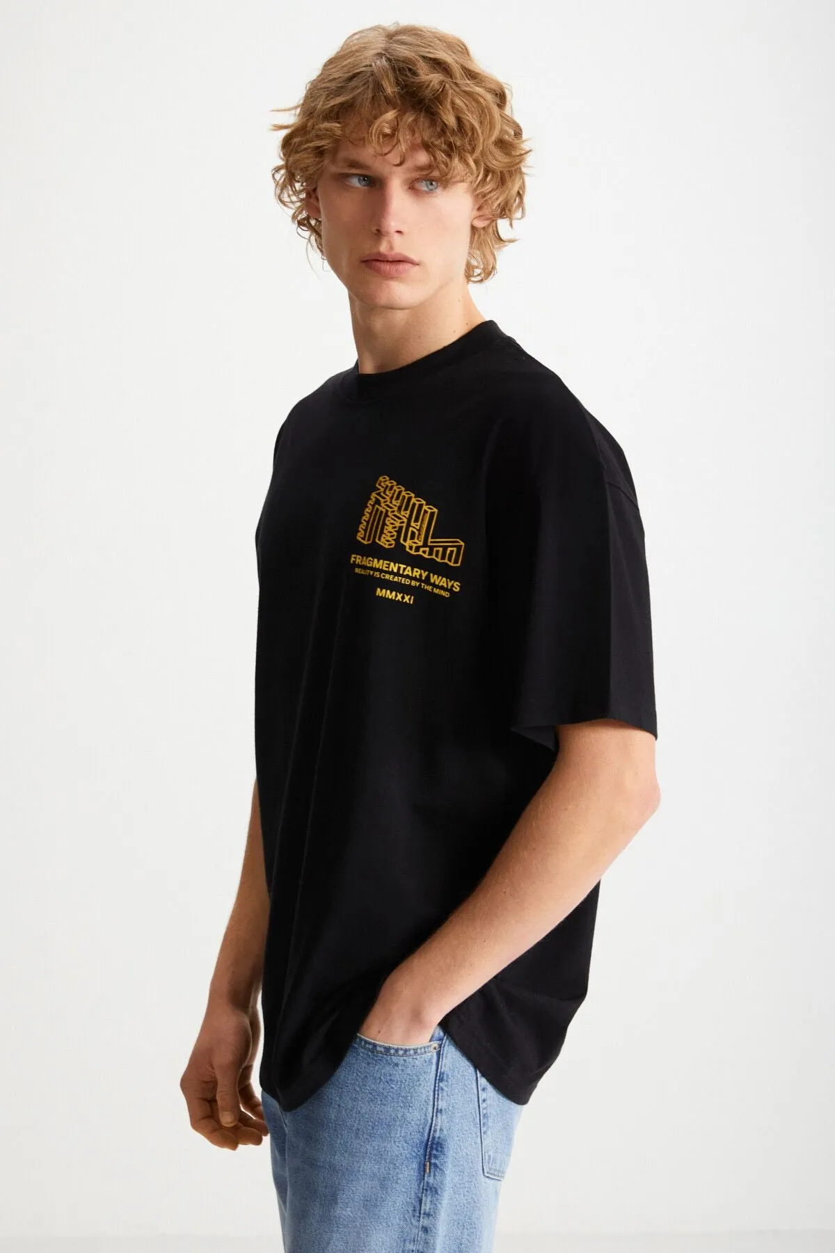Beal Men's Back Print Detailed Oversizle Fit Plenty Plenty 100 %Organic Cotton Knitting Short Sleeve Black T-shirt