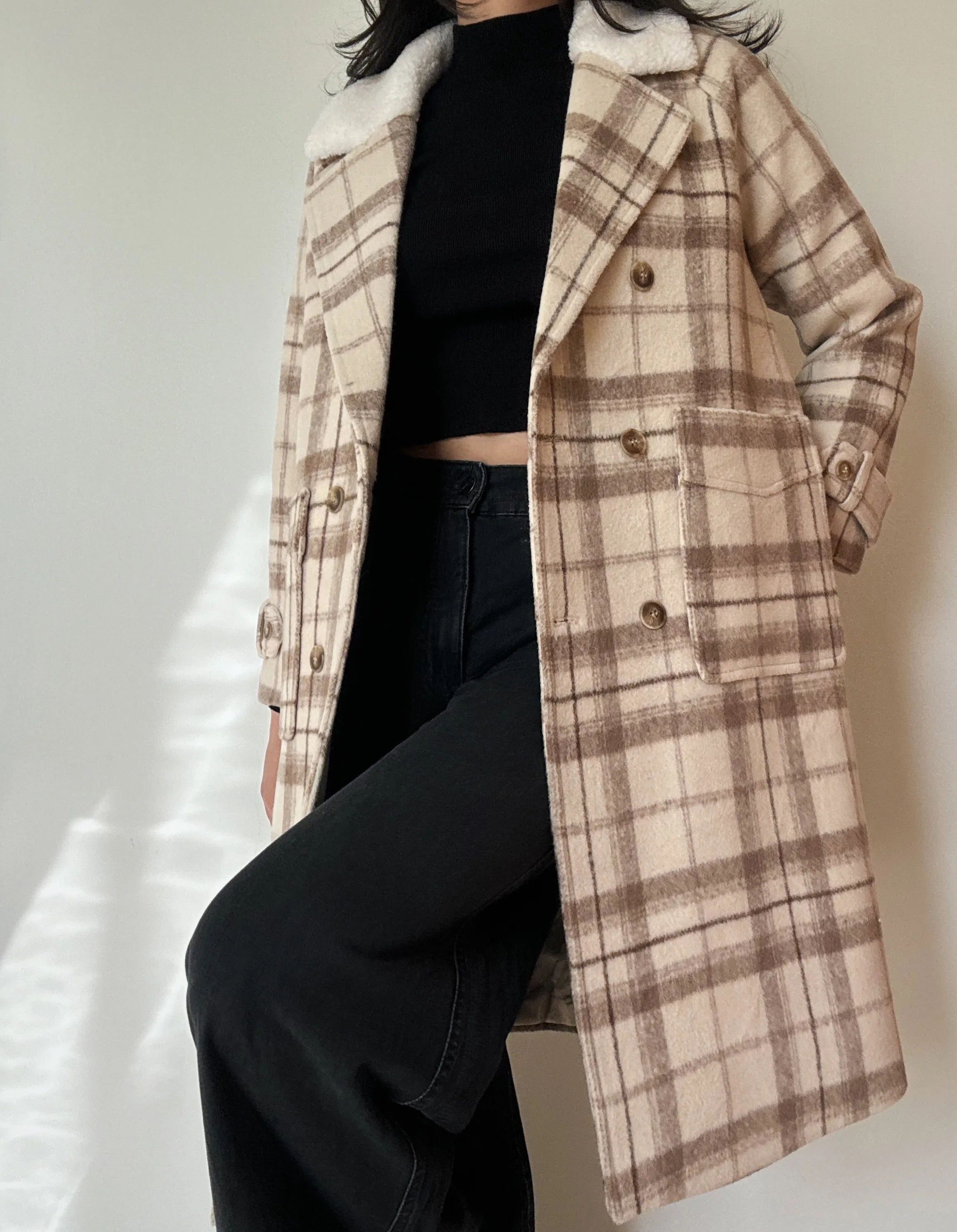 Beige Plaid Coat (wool-blend)