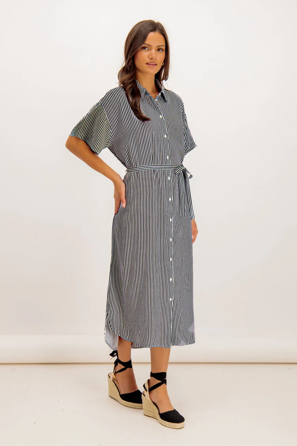 Black & White Bumpy Striped Shirt Dress