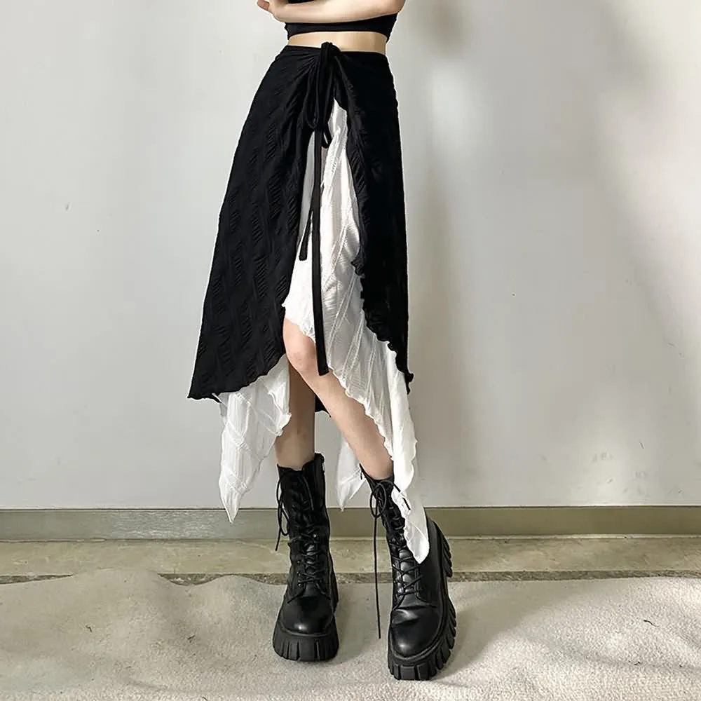 Black and White Asymmetrical Layered Midi Skirt
