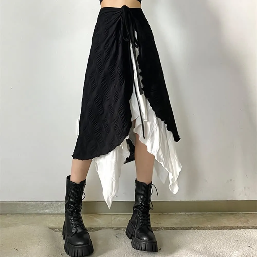 Black and White Asymmetrical Layered Midi Skirt