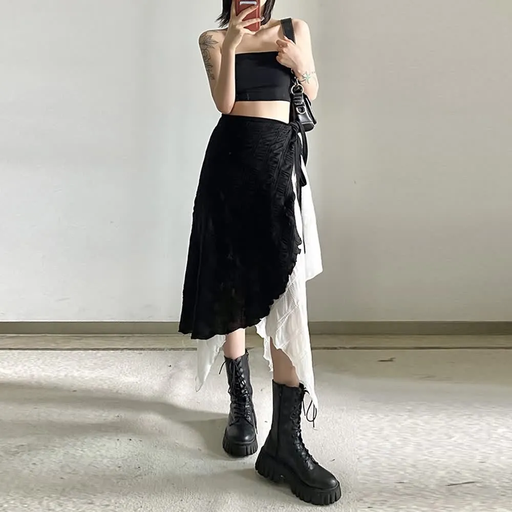 Black and White Asymmetrical Layered Midi Skirt