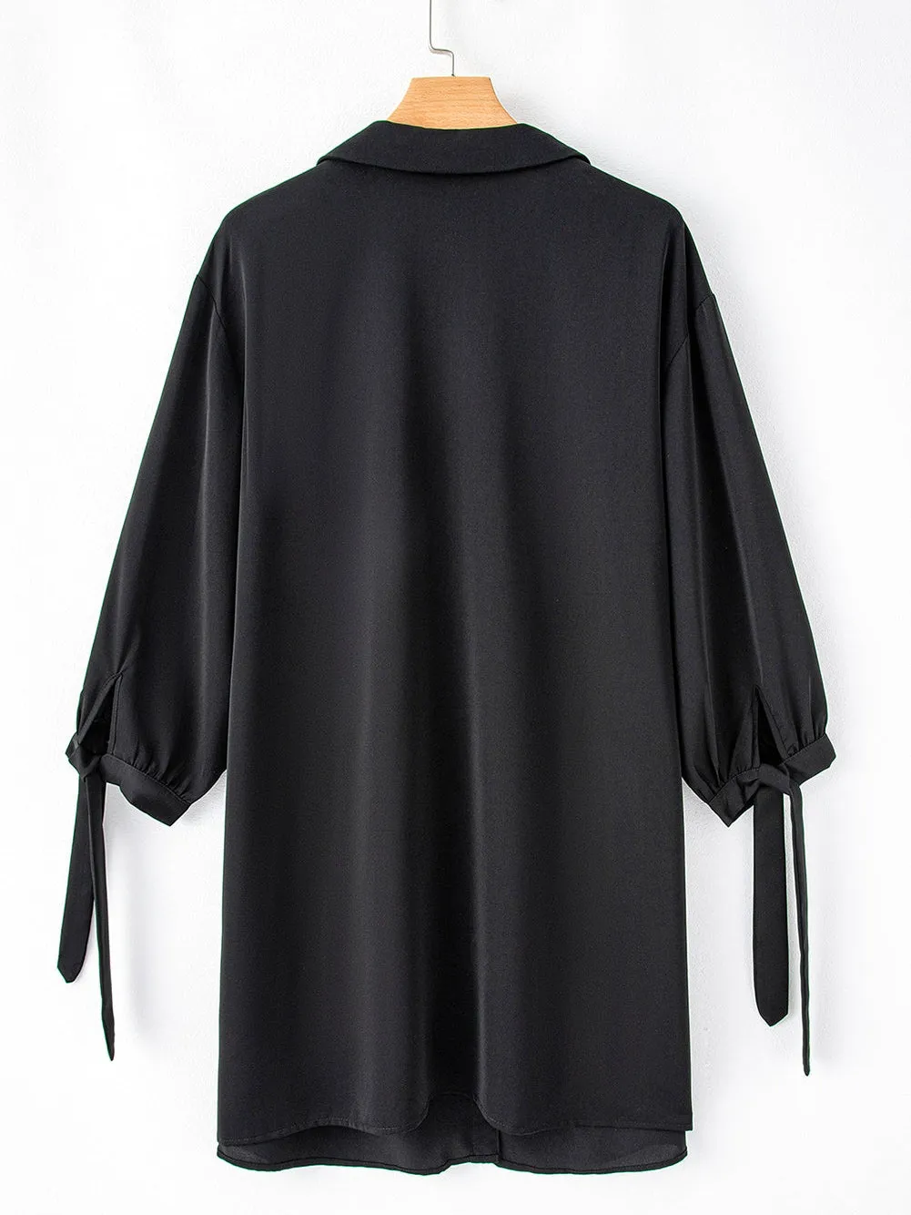 Black Plus Size Tie Cuffs V Neck Shirt Dress
