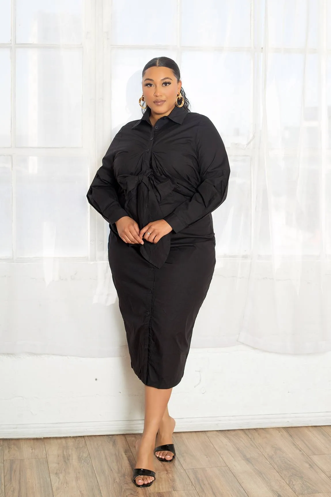 Black Poplin Tie Bow Shirt Dress