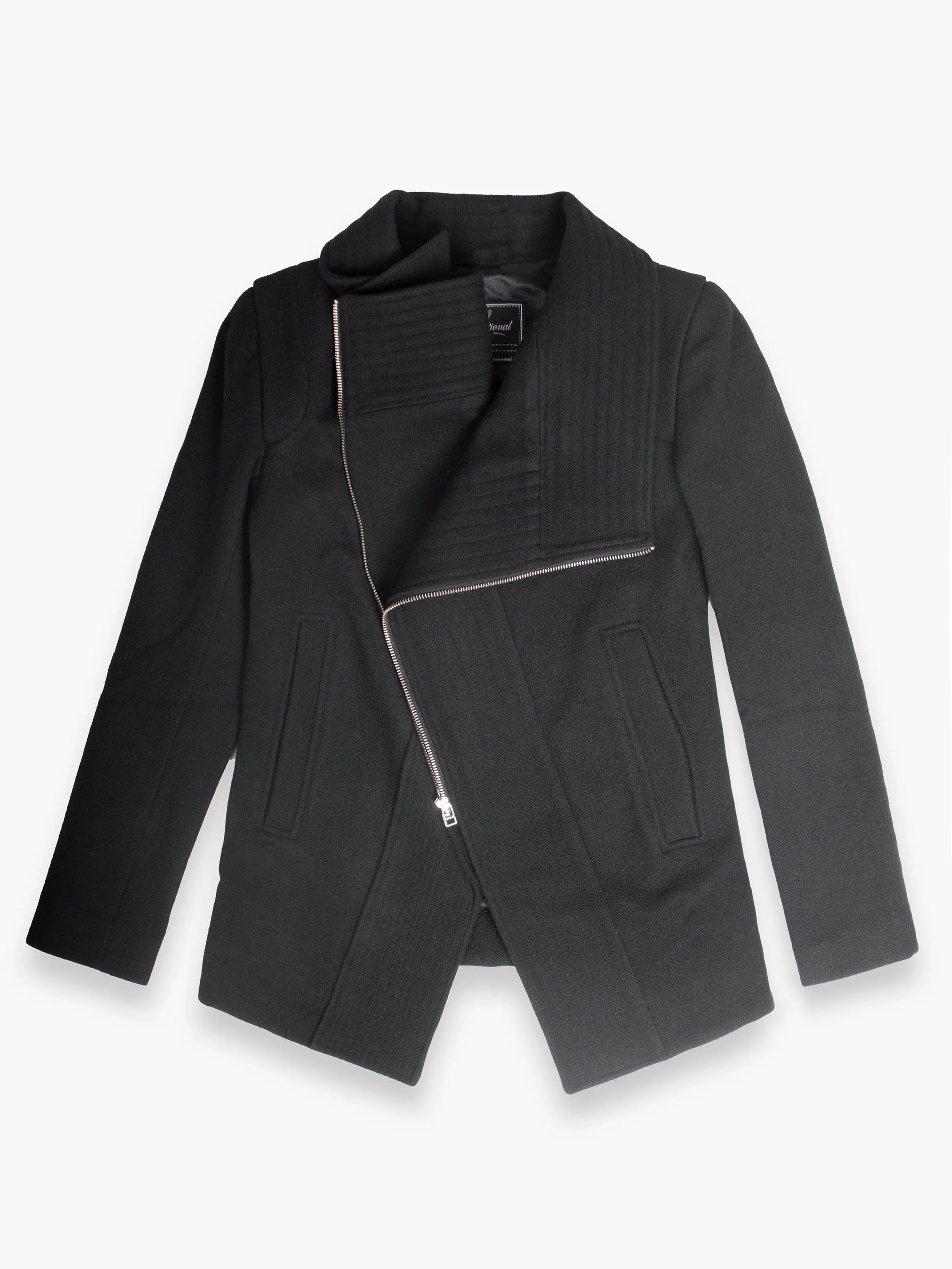Black Woollen Coat With Asymetric Zip