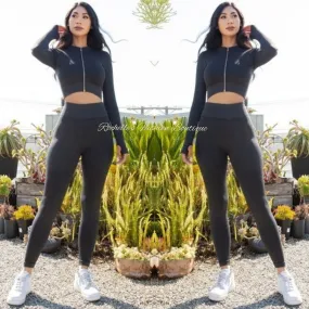 Black Zip-Up Crop Jogging Set