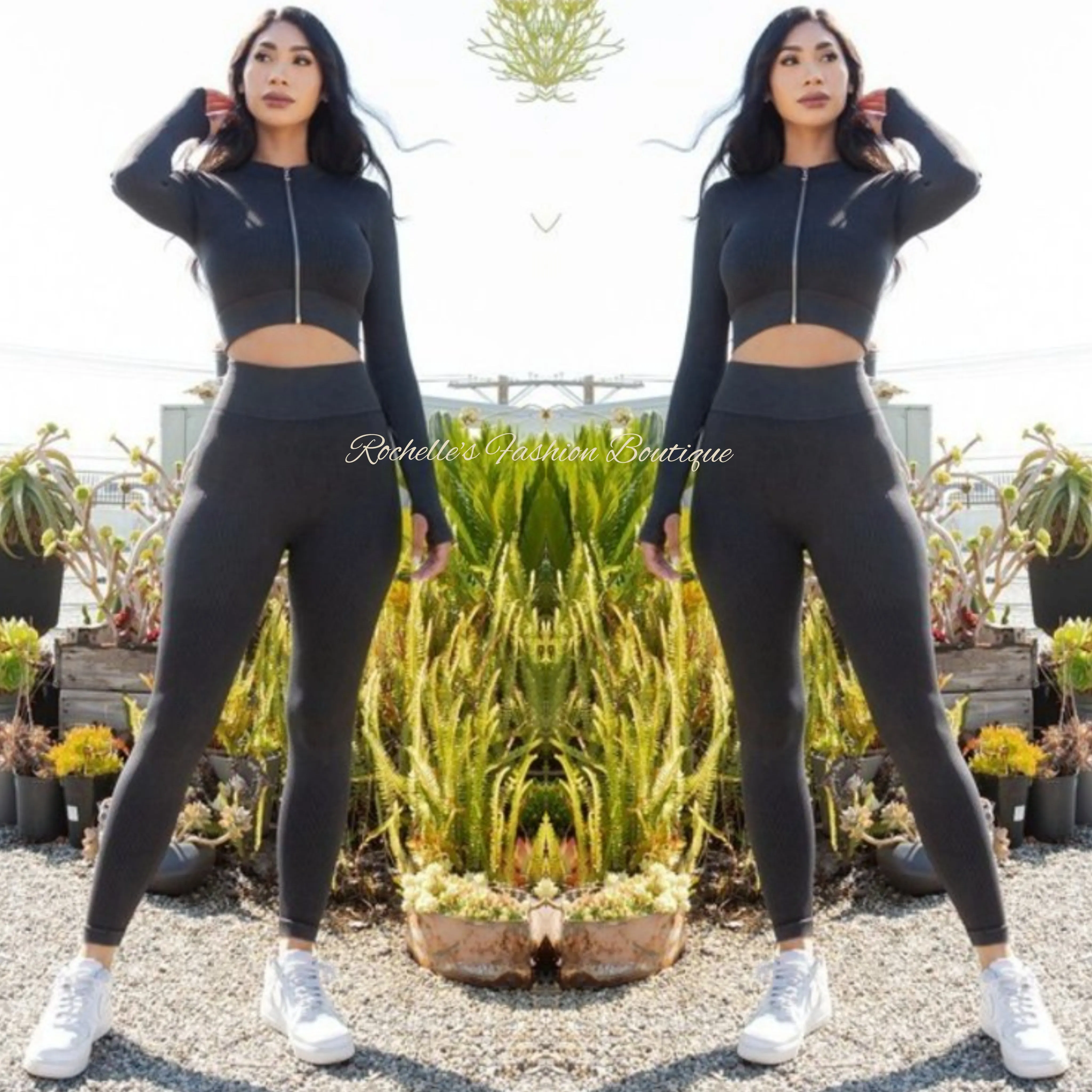 Black Zip-Up Crop Jogging Set