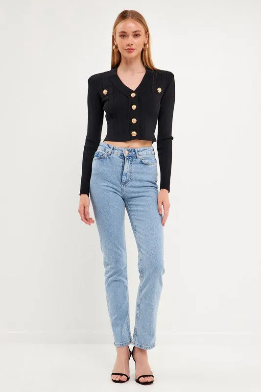 Blair Black Crop Sweater with Gold Buttons