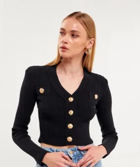 Blair Black Crop Sweater with Gold Buttons