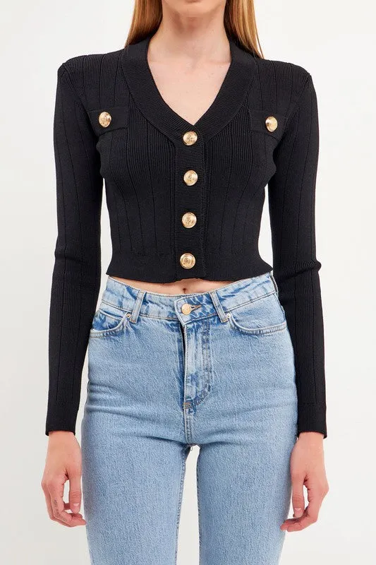 Blair Black Crop Sweater with Gold Buttons