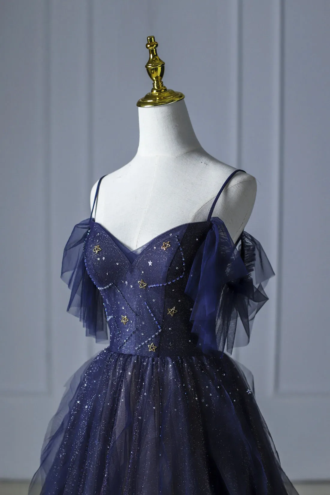 Blue Gradient Tulle Long Prom Dress, Beautiful Spaghetti Strap Evening Dress