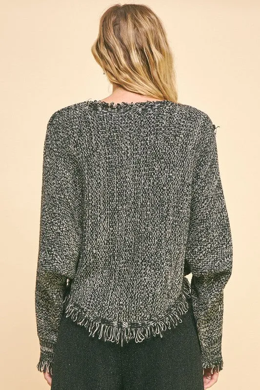 Blue Zone Planet |  Davi & Dani Fringe Hem Overlapping Asymmetrical Crop Sweater