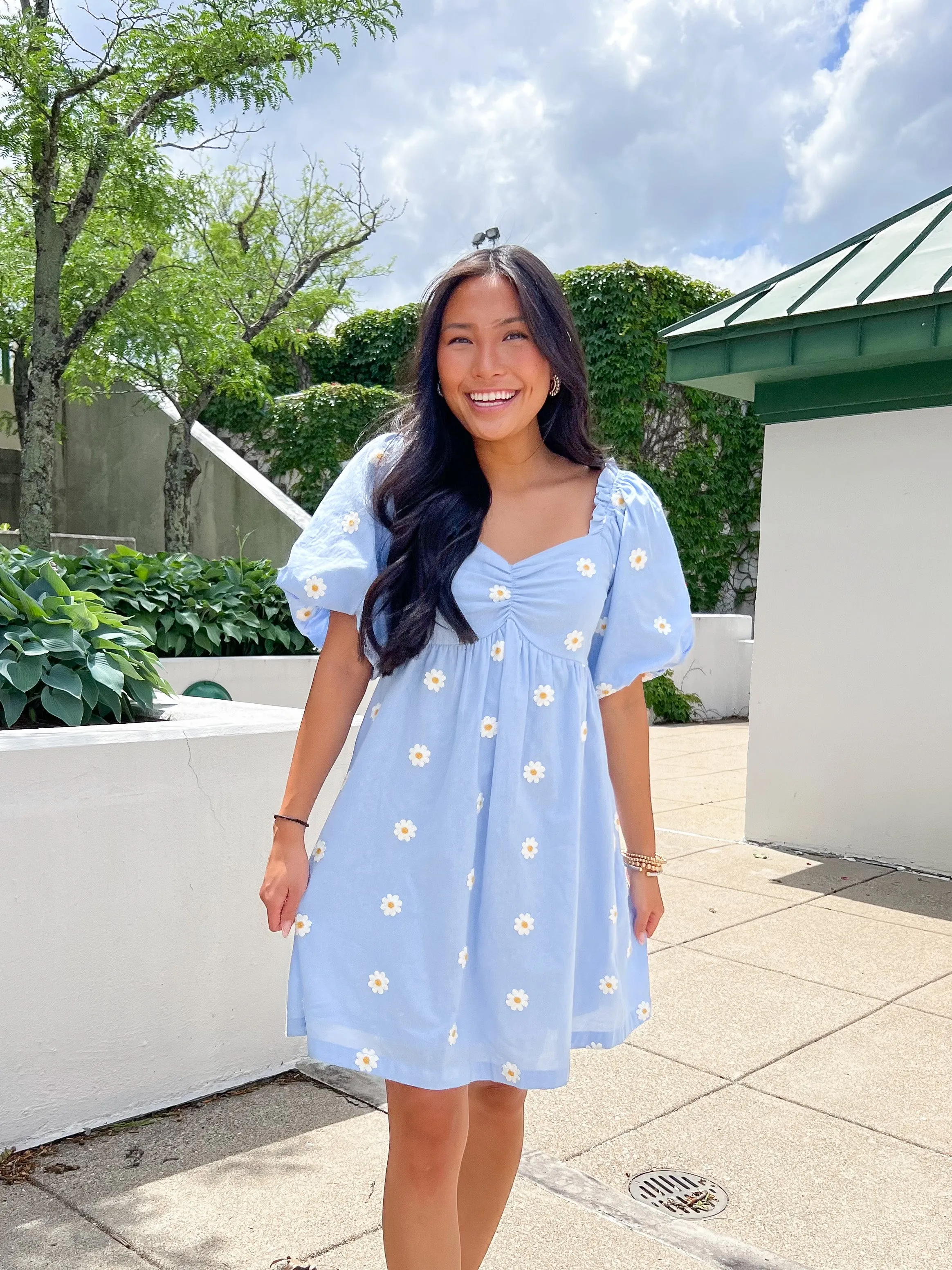 Blu/Wht Daisy Embroidered Bubble S/S Dress