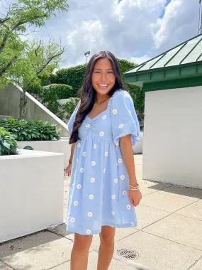Blu/Wht Daisy Embroidered Bubble S/S Dress