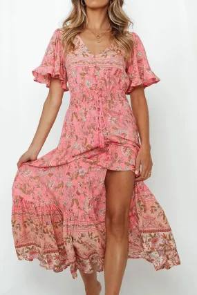 Boho Midi Dress, Sundress, Pink Camelia
