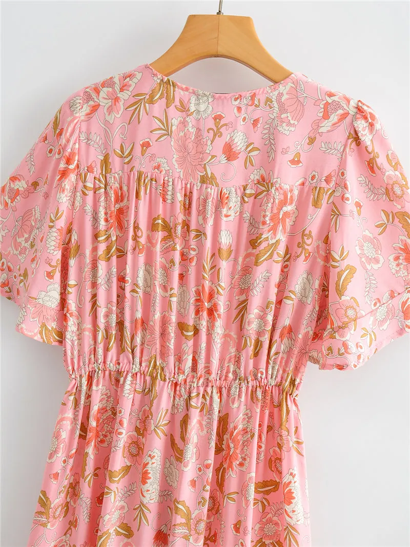 Boho Midi Dress, Sundress, Pink Camelia