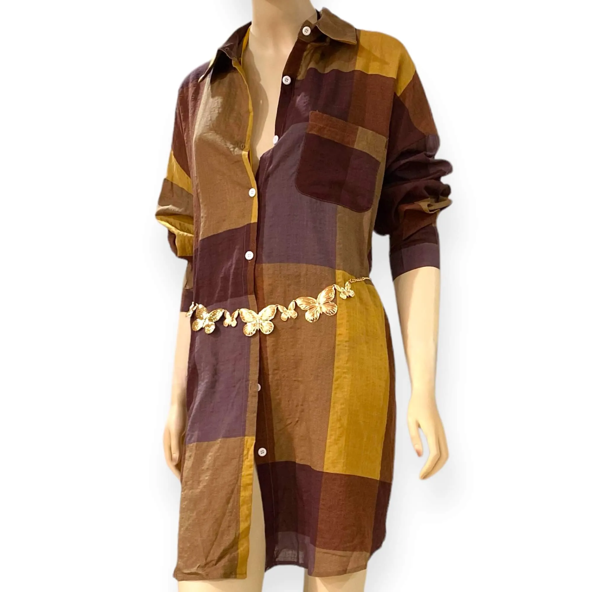 Brown Checkered Cotton Midi Shirt Dress