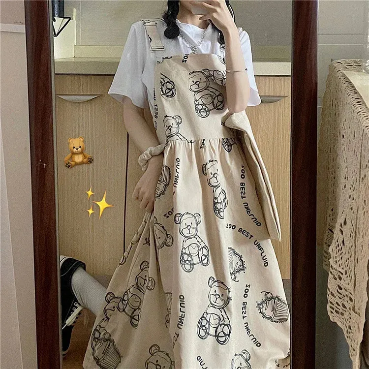Cartoon Bear Letter Print Overalls Dress T-Shirt