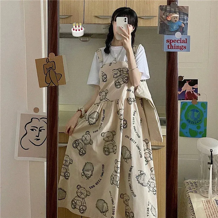 Cartoon Bear Letter Print Overalls Dress T-Shirt