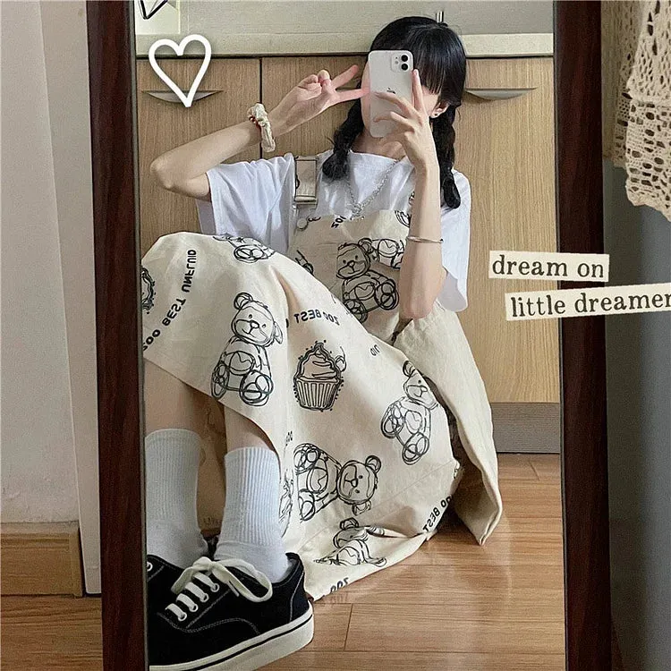 Cartoon Bear Letter Print Overalls Dress T-Shirt