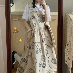 Cartoon Bear Letter Print Overalls Dress T-Shirt