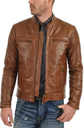 Cary Real Brown Leather Jacket Men Biker Motorcycle