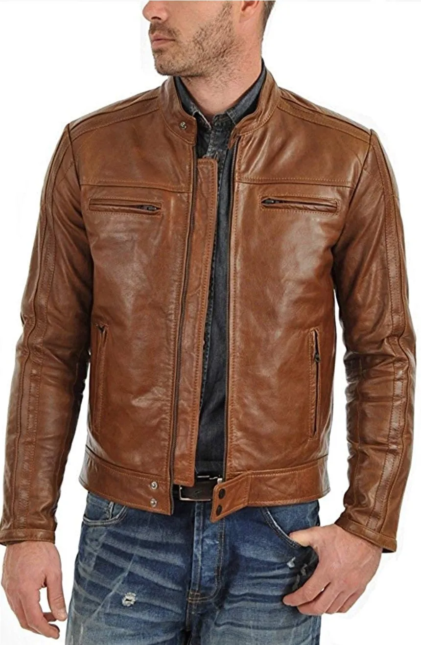 Cary Real Brown Leather Jacket Men Biker Motorcycle