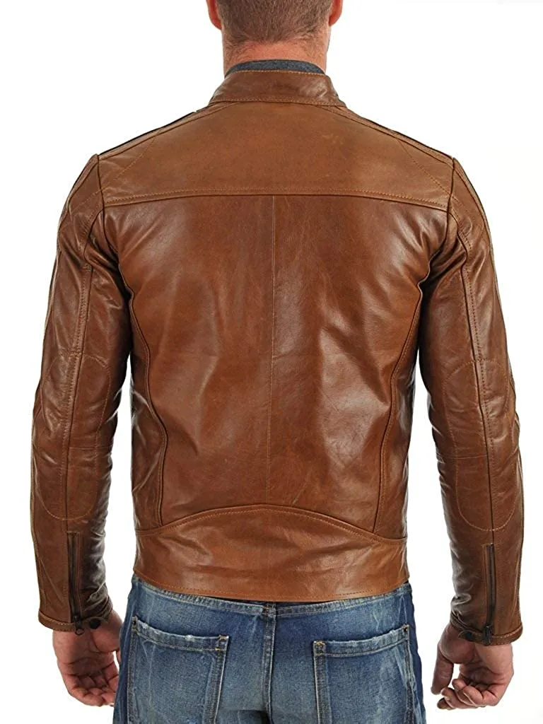 Cary Real Brown Leather Jacket Men Biker Motorcycle