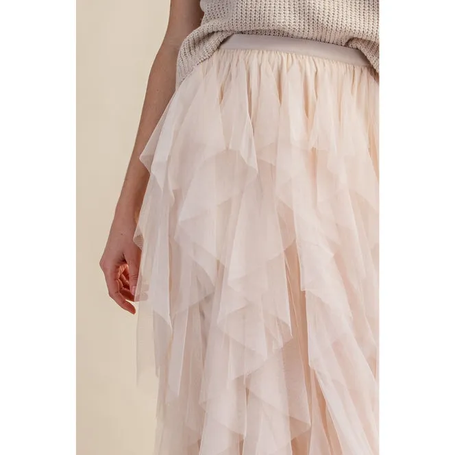 CASCADING TULLE MESH LAYERED MAX SKIRT - Cream