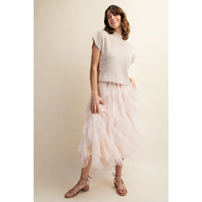 CASCADING TULLE MESH LAYERED MAX SKIRT - Cream