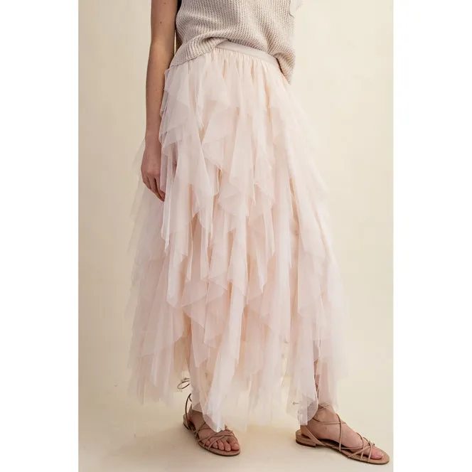 CASCADING TULLE MESH LAYERED MAX SKIRT - Cream
