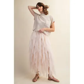 CASCADING TULLE MESH LAYERED MAX SKIRT - Cream
