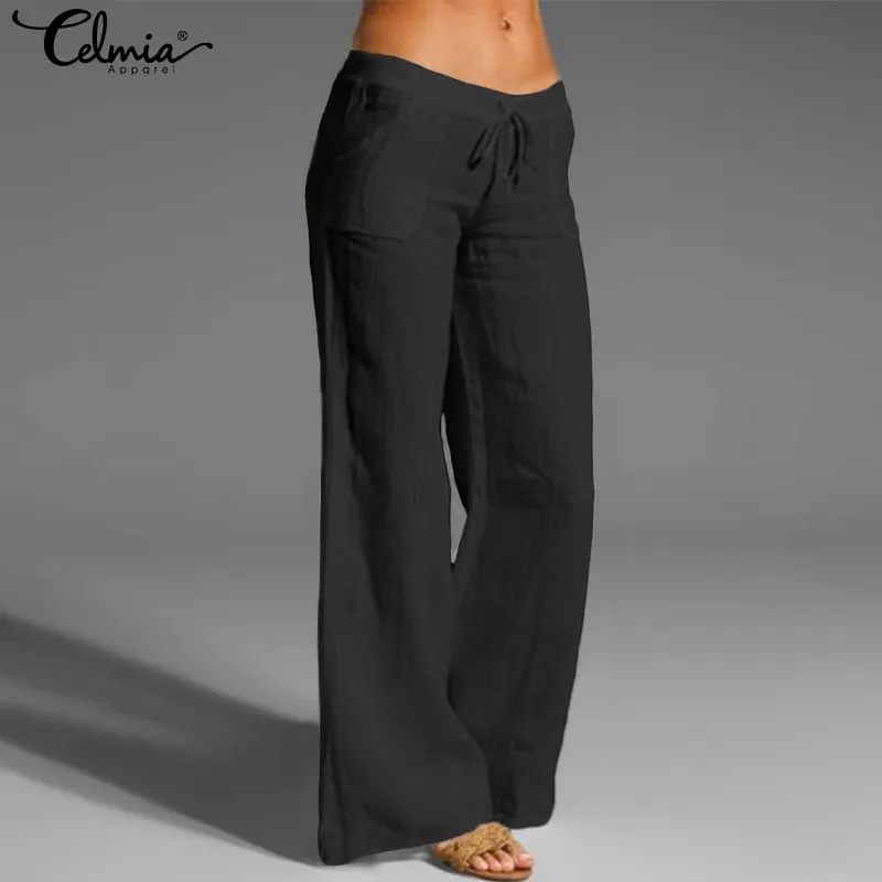 Celmia Women Vintage Wide Leg Pants Summer Palazzo Fashion Long Trousers Casual Elastic Waist Solid Thin Party Pantalones